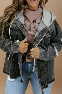 Fashion Dear-Lover Drawstring Hooded Frayed Denim Jacket Black