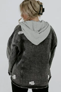 Fashion Dear-Lover Drawstring Hooded Frayed Denim Jacket Black