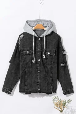 Fashion Dear-Lover Drawstring Hooded Frayed Denim Jacket Black