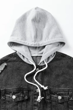 Fashion Dear-Lover Drawstring Hooded Frayed Denim Jacket Black