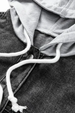 Fashion Dear-Lover Drawstring Hooded Frayed Denim Jacket Black