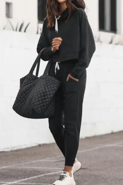 Discount Dear-Lover Drawstring Hoodie and High Waist Pants Lounge Set Black