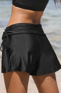 Fashion Dear-Lover Drawstring Ruched High Waist Loose Swim Shorts Black