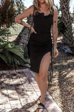 Discount Dear-Lover Drawstring Ruched Side Split Ribbed Midi Dress Black