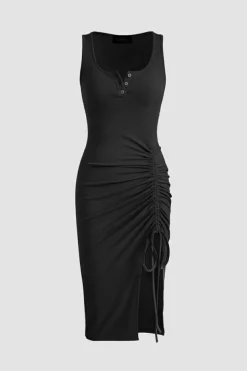 Discount Dear-Lover Drawstring Ruched Side Split Ribbed Midi Dress Black