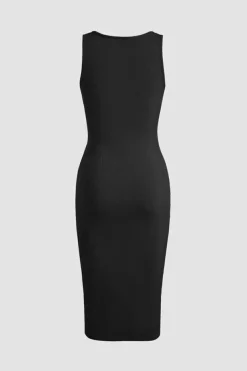 Discount Dear-Lover Drawstring Ruched Side Split Ribbed Midi Dress Black