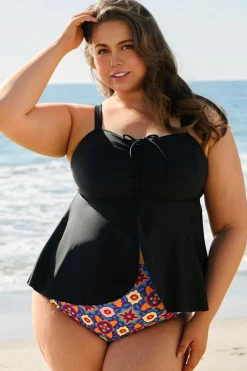 Outlet Dear-Lover Drawstring Tied Front Flared Top Geometric Print Bottom Plus Size Tankinis Black