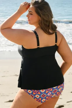 Outlet Dear-Lover Drawstring Tied Front Flared Top Geometric Print Bottom Plus Size Tankinis Black