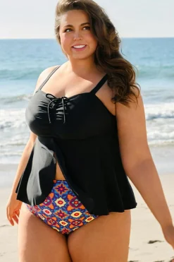 Outlet Dear-Lover Drawstring Tied Front Flared Top Geometric Print Bottom Plus Size Tankinis Black