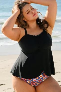 Outlet Dear-Lover Drawstring Tied Front Flared Top Geometric Print Bottom Plus Size Tankinis Black