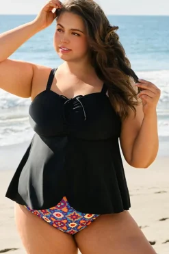 Outlet Dear-Lover Drawstring Tied Front Flared Top Geometric Print Bottom Plus Size Tankinis Black
