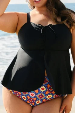 Outlet Dear-Lover Drawstring Tied Front Flared Top Geometric Print Bottom Plus Size Tankinis Black