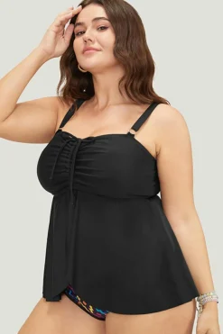 Outlet Dear-Lover Drawstring Tied Front Flared Top Geometric Print Bottom Plus Size Tankinis Black
