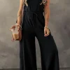 New Dear-Lover Drawstring Wide Leg Cargo Pockets Sleeveless Jumpsuit Black