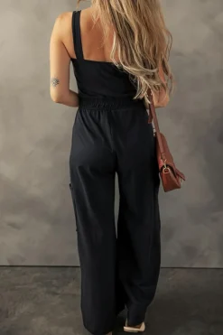 New Dear-Lover Drawstring Wide Leg Cargo Pockets Sleeveless Jumpsuit Black