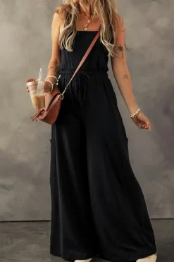 New Dear-Lover Drawstring Wide Leg Cargo Pockets Sleeveless Jumpsuit Black