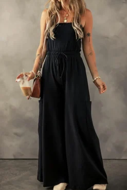 New Dear-Lover Drawstring Wide Leg Cargo Pockets Sleeveless Jumpsuit Black