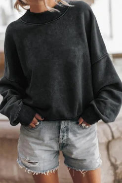 Clearance Dear-Lover Drop Shoulder Crew Neck Pullover Sweatshirt Black
