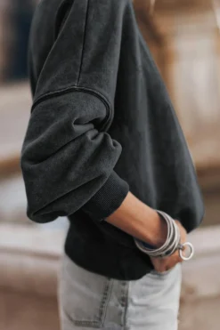Clearance Dear-Lover Drop Shoulder Crew Neck Pullover Sweatshirt Black