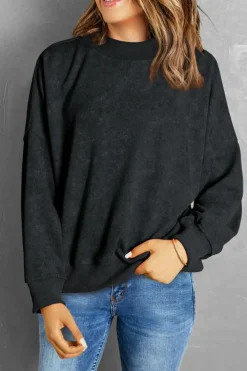 Clearance Dear-Lover Drop Shoulder Crew Neck Pullover Sweatshirt Black