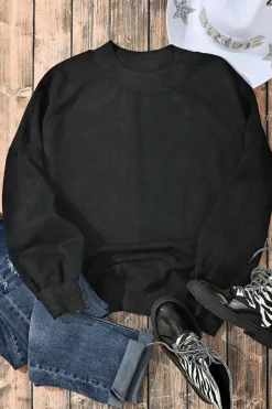 Clearance Dear-Lover Drop Shoulder Crew Neck Pullover Sweatshirt Black