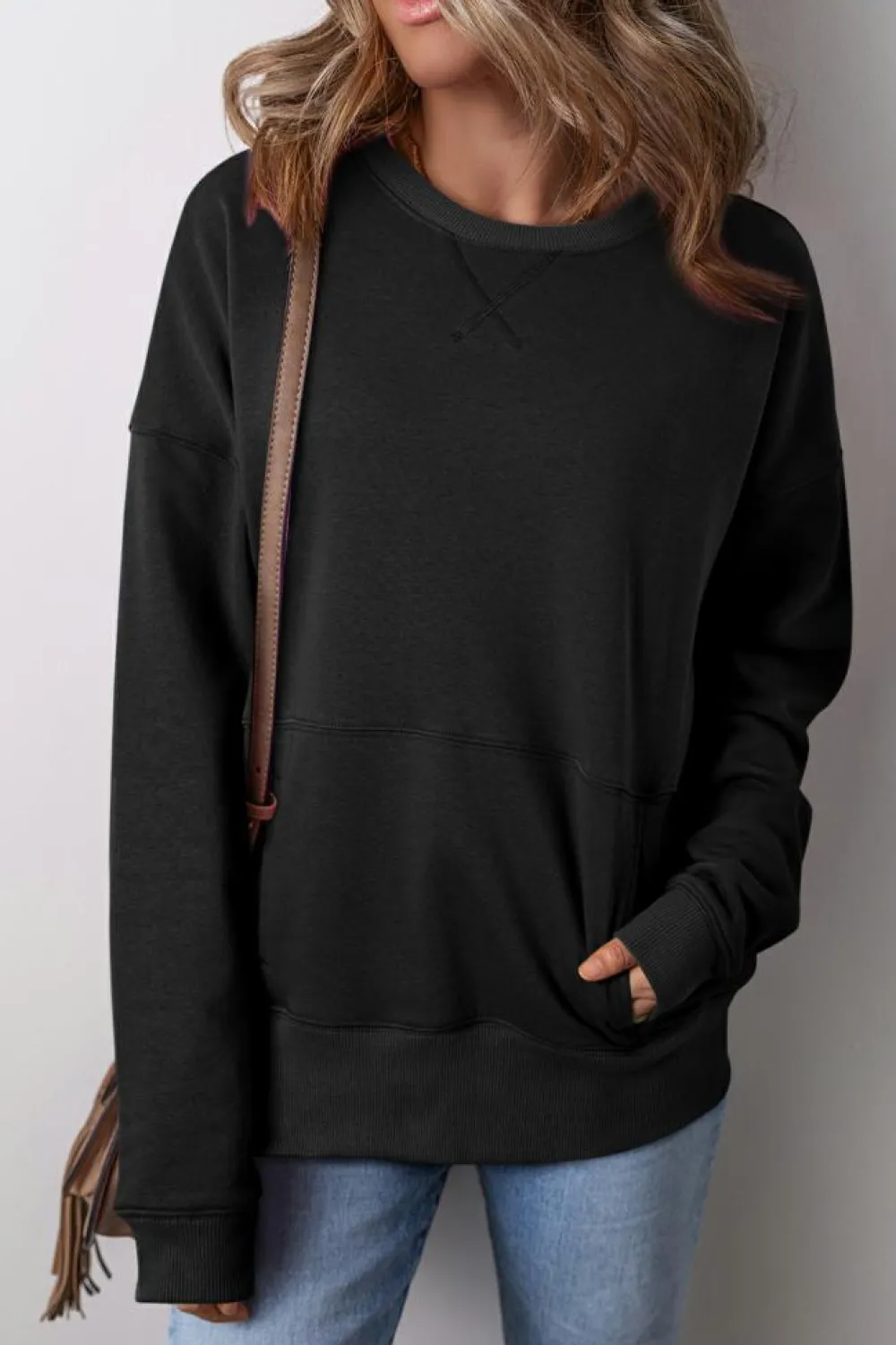 Sale Dear-Lover Drop Shoulder Crisscross Stitching Pocketed Loose Sweatshirt Black