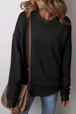 Sale Dear-Lover Drop Shoulder Crisscross Stitching Pocketed Loose Sweatshirt Black