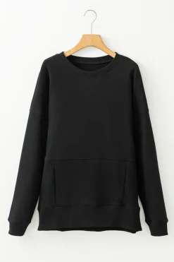 Sale Dear-Lover Drop Shoulder Crisscross Stitching Pocketed Loose Sweatshirt Black
