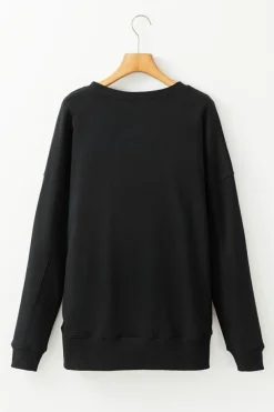 Sale Dear-Lover Drop Shoulder Crisscross Stitching Pocketed Loose Sweatshirt Black