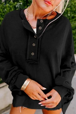 Clearance Dear-Lover Drop Shoulder Henley Buttons Sweatshirt Black