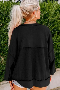 Clearance Dear-Lover Drop Shoulder Henley Buttons Sweatshirt Black