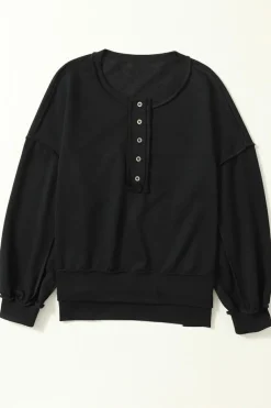 Clearance Dear-Lover Drop Shoulder Henley Buttons Sweatshirt Black