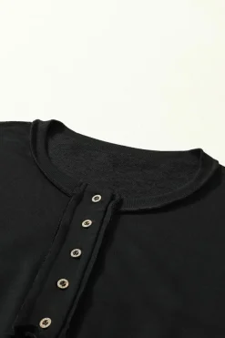 Clearance Dear-Lover Drop Shoulder Henley Buttons Sweatshirt Black