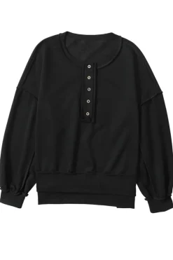 Clearance Dear-Lover Drop Shoulder Henley Buttons Sweatshirt Black