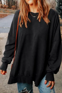 Online Dear-Lover Drop Shoulder Ribbed Trim Oversized Sweatshirt Black