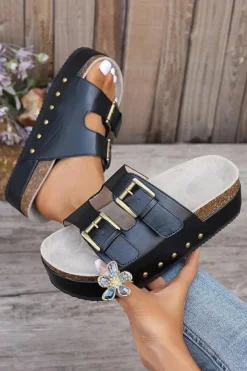 Outlet Dear-Lover Dual Buckle Studded Platform Sandal Slippers Black