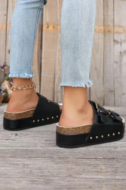 Outlet Dear-Lover Dual Buckle Studded Platform Sandal Slippers Black