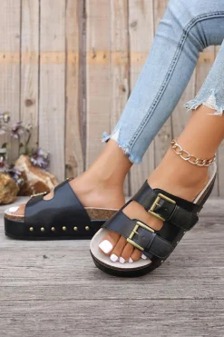 Outlet Dear-Lover Dual Buckle Studded Platform Sandal Slippers Black