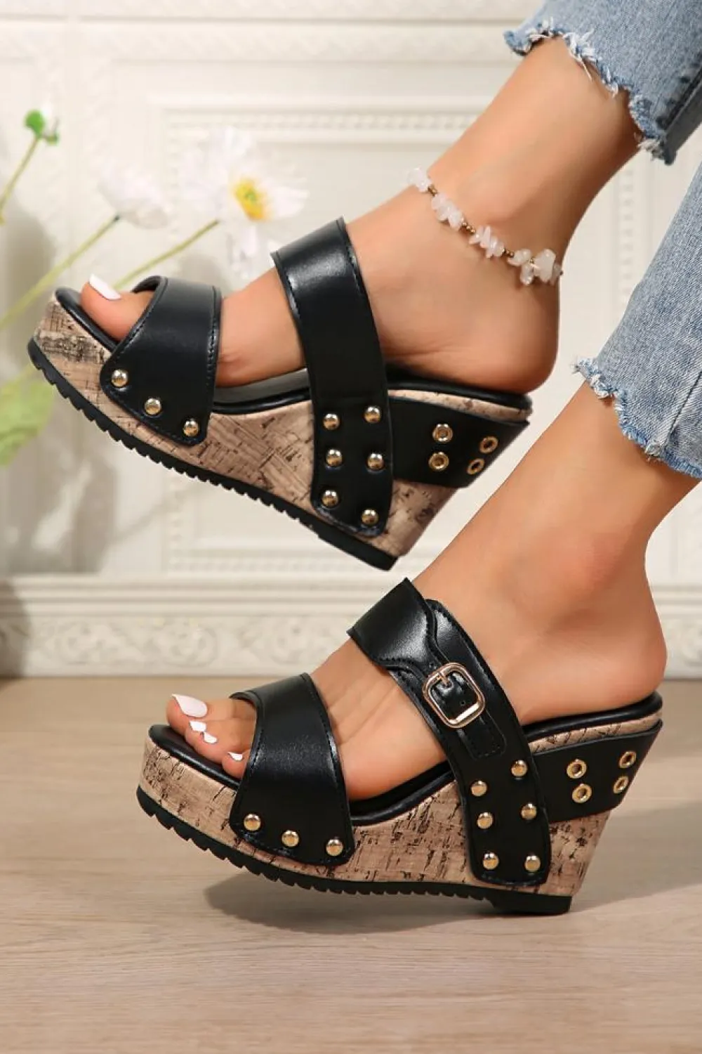 Discount Dear-Lover Dual Strap Rivet Studded Wedge Slippers Black