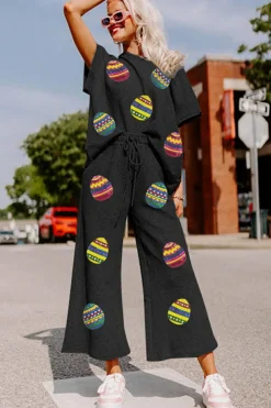Sale Dear-Lover Easter Egg Print Textured Short Sleeve Wide Leg Pants Set Black