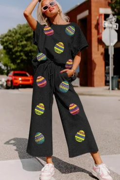 Sale Dear-Lover Easter Egg Print Textured Short Sleeve Wide Leg Pants Set Black