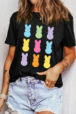 Outlet Dear-Lover Easter Rabbit Print Crew Neck T Shirt Black
