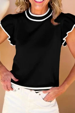 Fashion Dear-Lover Edge Piping Ruffled Sleeve Round Neck Knit T Shirt Black