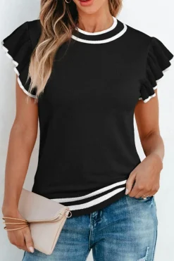 Fashion Dear-Lover Edge Piping Ruffled Sleeve Round Neck Knit T Shirt Black