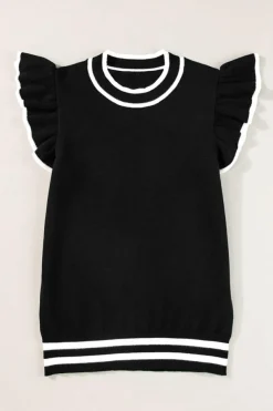Fashion Dear-Lover Edge Piping Ruffled Sleeve Round Neck Knit T Shirt Black