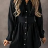 New Dear-Lover Elastic Cinched High Waist Long Sleeve Shirt Mini Dress Black