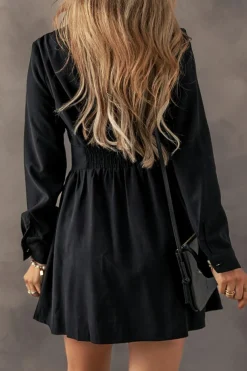 New Dear-Lover Elastic Cinched High Waist Long Sleeve Shirt Mini Dress Black