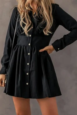 New Dear-Lover Elastic Cinched High Waist Long Sleeve Shirt Mini Dress Black