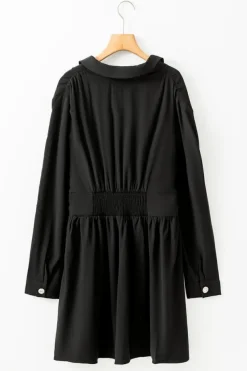 New Dear-Lover Elastic Cinched High Waist Long Sleeve Shirt Mini Dress Black