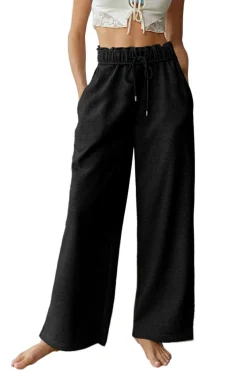 Fashion Dear-Lover Elastic High Waist Drawstring Sweatpants Black